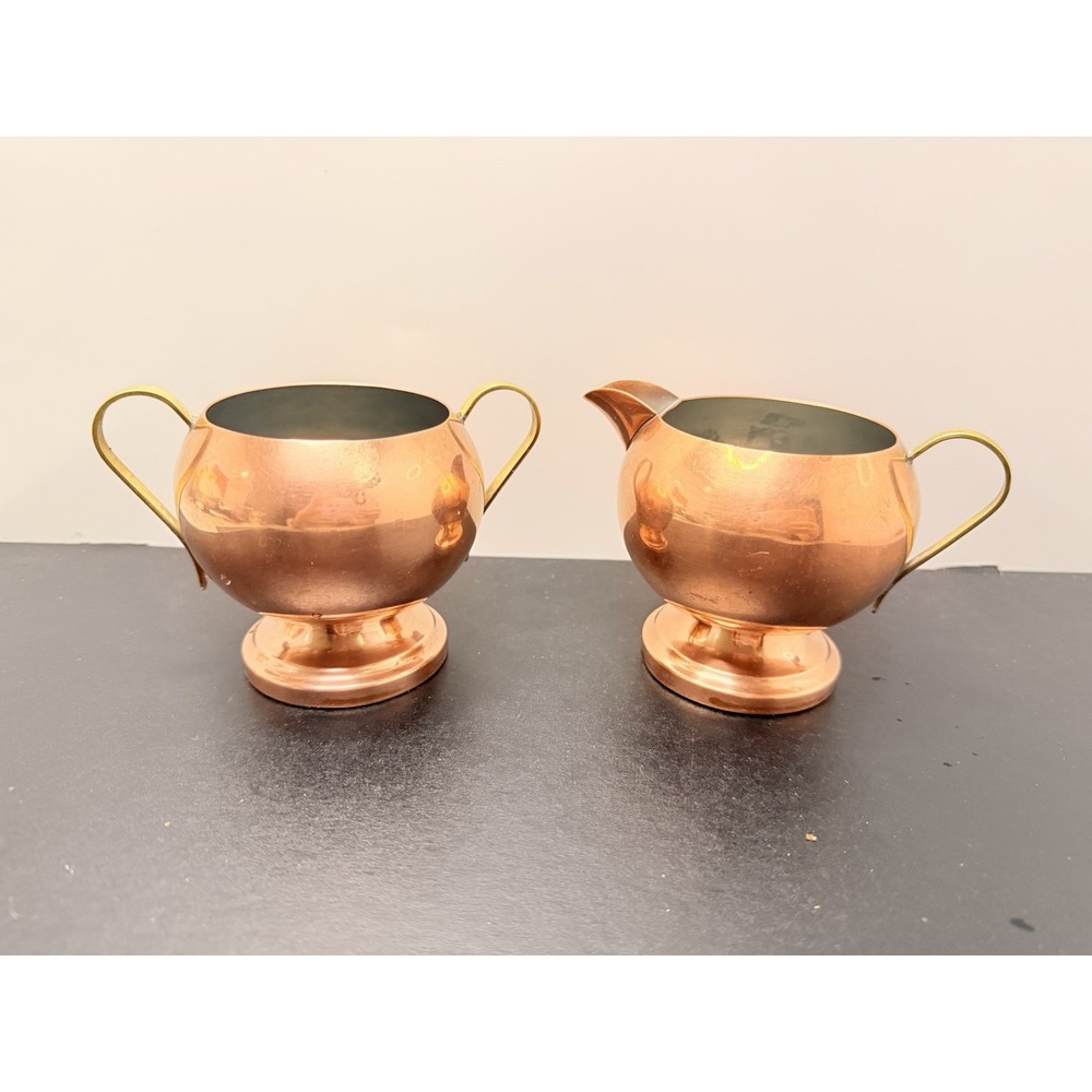 VTG Rosemar Copper Creamer & Sugar Bowl Set Brass Handles Taunton Mass MCM